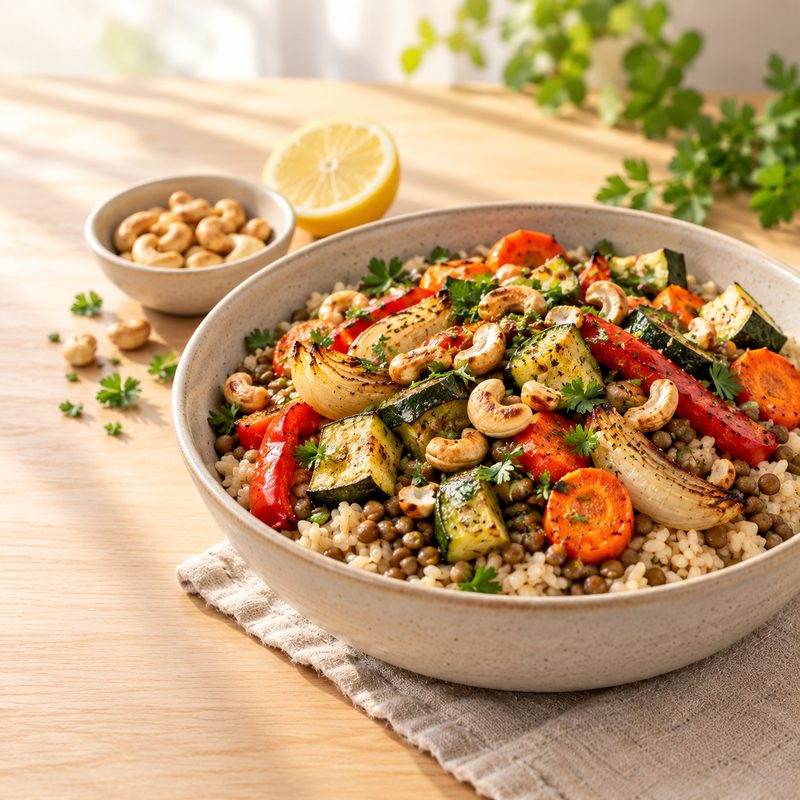 Bowl de Arroz Integral com Lentilha e Legumes
