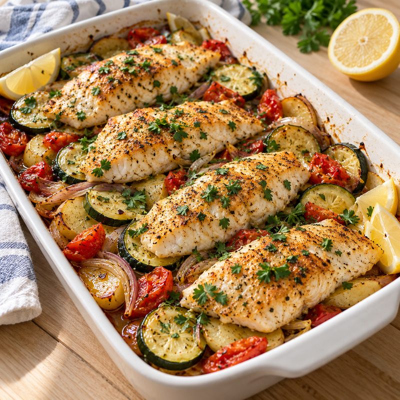 Peixe Assado com Legumes na Travessa